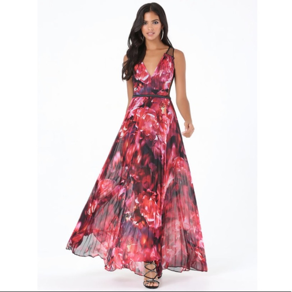 Bebe Pleated Contrast Tulle Maxi Dress